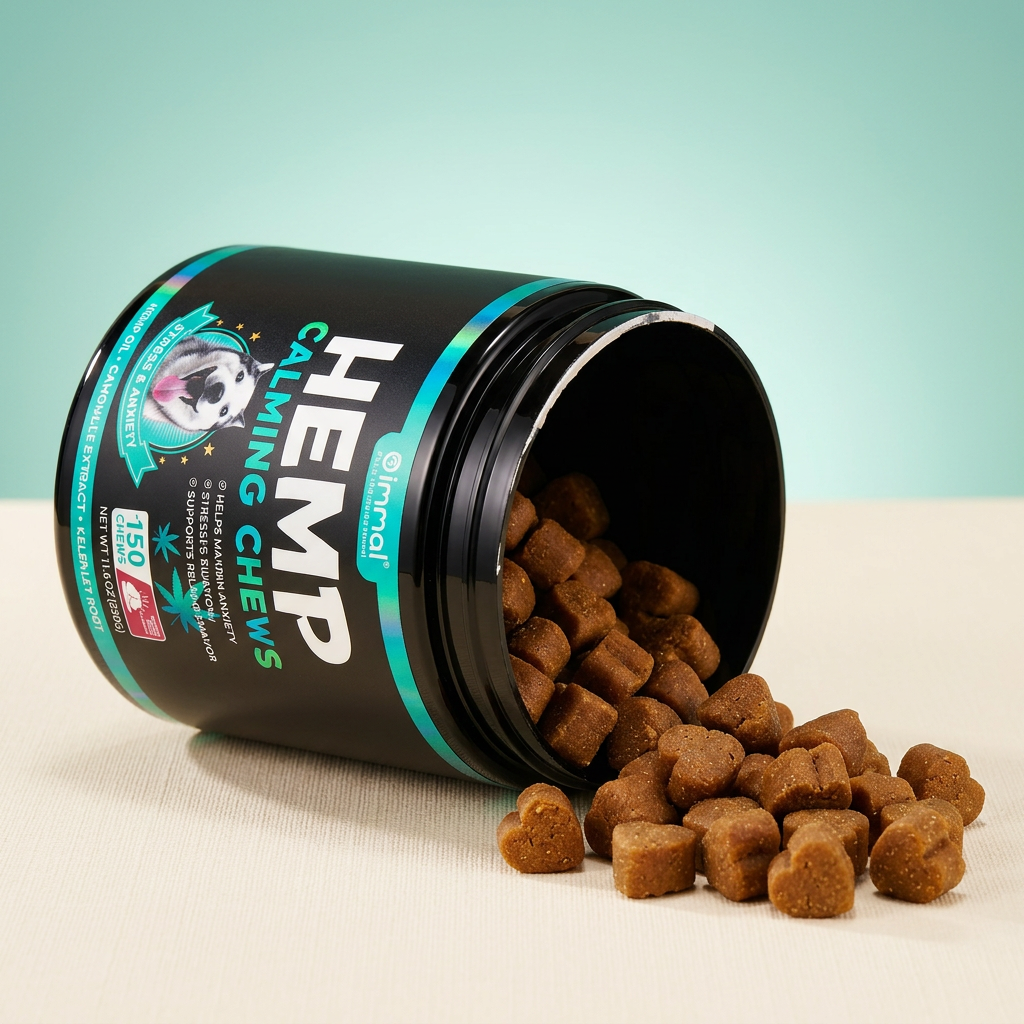 Oimmal hemp calming chews poured out of the jar